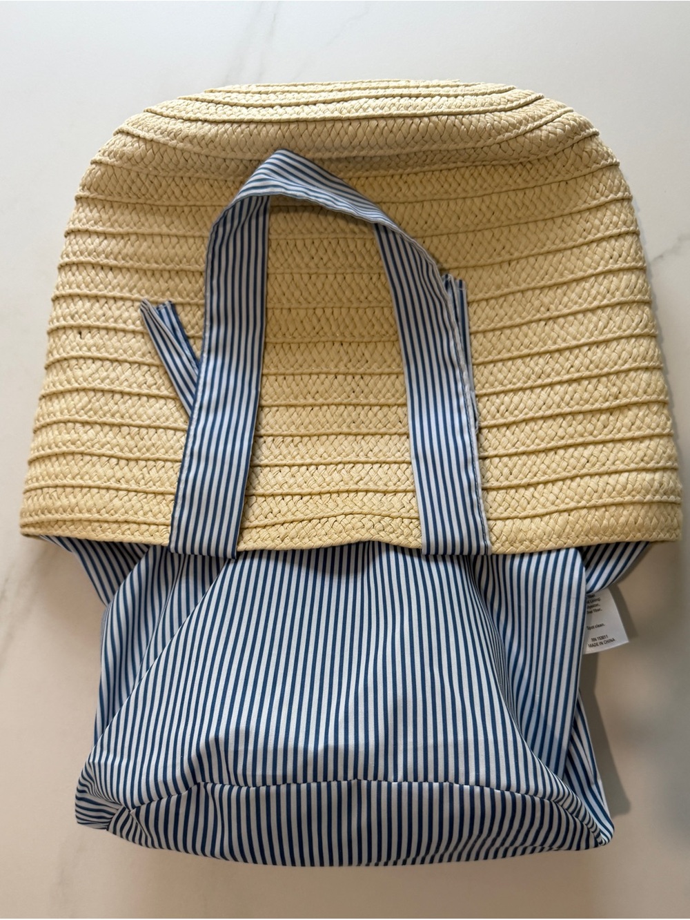 Straw Tote beach Bag with Blue-White Striped Handles - Picture 6 of 11